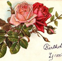 1910 Birthday Greetings Red Pink Roses Gold Accents Embossed Postcard - £5.49 GBP
