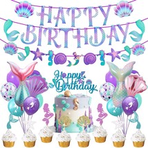 Mermaid Birthday Party Decoration Mermaid Balloons Banner Cake Cupcake Toppers F - £30.51 GBP