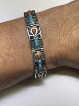 Vintage (ca. 1978) Sterling Silver Ankh Cross Braclet w/ Turquoise Coral Lapis  - £130.50 GBP