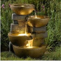 Water Fountain  Garden Patio Rustic Pots LED Light Indoor Outdoor Decor New - $214.44
