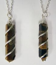 2 TIGER EYE COIL WRAPPED STONE 18 INCH SILVER LINK CHAIN NECKLACE rocks ... - $9.49