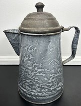 Antique Primitive Coffee Tea Pot Gray Swirled Speckled Enamelware Granit... - $57.03