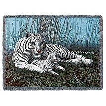 54x72 WHITE TIGER and Cub Wildlife Tapestry Afghan Throw Blanket - $63.36