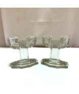 2 Anchor Hocking Candlesticks Queen Mary Saguaro Cactus Art Deco Glass - $29.23