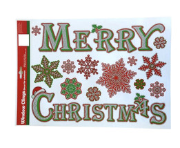 Merry Christmas Snowflakes Window Clings Sticks Windows 14 PC Holiday Green Red  - £10.87 GBP