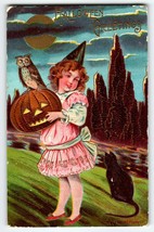 Halloween Antique Postcard Girl Moon Black Cat Owl JOL Sanders 1909 Embossed - $76.50