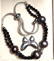 Thai Black Spinel, Peacock Pearl Bolo Bracelet with Butterfly Charm in Stainless - £15.65 GBP