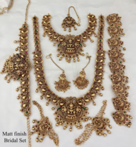 Indian Bollywood Style Matt Gold Plated Necklace Earring Belt Temple Jewelry Set - £68.12 GBP