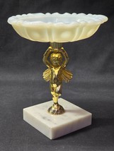 Vintage Milk Glass Vanity Dish Candy Potpourri With Brass Cherub And Marble Base - £11.54 GBP