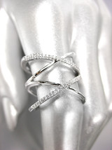 CHIC &amp; UNIQUE Thin 18kt White Gold Plated CZ Crystals Double X Wide Ring - £23.97 GBP
