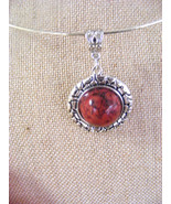 TURQUOISE RED ROUND CABOCHON PENDANT  LARGE BAIL TIBETAN SILVER SETTING - £5.34 GBP