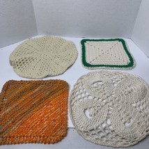 4 Vintage Handmade Crochet Doily Trivets Kitchen Decor Cream Green Orange Colors - £3.95 GBP