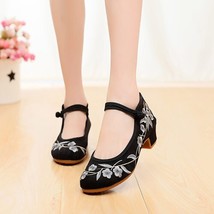 S embroidered women denim studded heel shoes instep buckles canvas pumps for ladies old thumb200