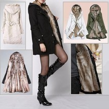 Warm Thick Faux Rabbit Fur Lined Winter Hooded Parka Coat w/ Belt Front Zipper image 1