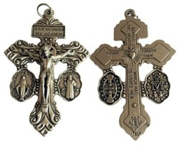 3-Way Pardon Crucifix with attached St Benedict &amp; Miraculous Medals 2 1/... - £10.10 GBP