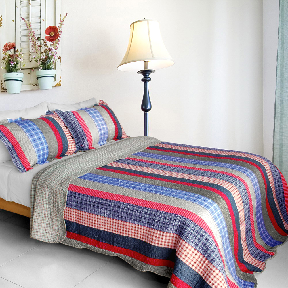 [Retro Stripe] Cotton 3PC Vermicelli-Quilted Patchwork Quilt Set (Full/Queen Siz