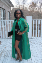Couture Hand Painted Emerald green &amp; gold Silk Full Length cape Coat Gown S 0-6 - £700.63 GBP