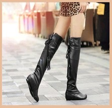 Tall Over the Knee Soft Leather Back Tassel Low Heel Motorcycle Boot Black/Brown