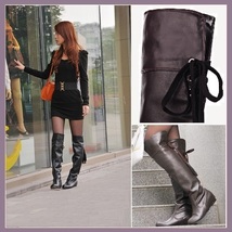 Tall Over the Knee Soft Leather Back Tassel Low Heel Motorcycle Boot Black/Brown image 2