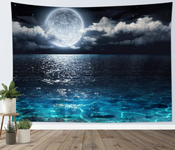 Moon Over Ocean Tapestry Night Sky Tapestry Wall Hanging 3D Fantasy Psychedelic - £14.28 GBP