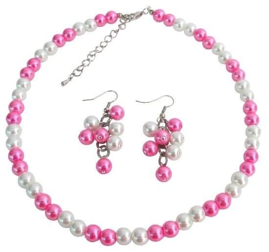 Wedding Jewelry In White Hot Pink Cluster Jewelry Cluster Earrings Set - $12.08