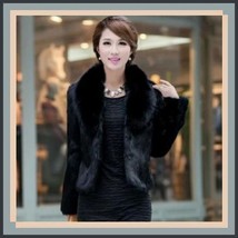 Luxurious Black Mink Hair Faux Fur Jacket Wide Collar Short Waist Coat 
