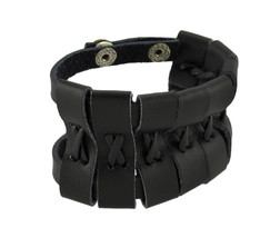 Zeckos Black Leather Double Snap Wrap Bracelet Wrist Band Wristband - £5.88 GBP