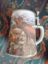 BMF German beer stein with lid, elk and forest transfer decorations ORIG... - £58.48 GBP
