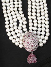New Huge Estate 5 strand 10mm white cultured pearl &amp; 20+ carat ruby necklace - £3,165.44 GBP
