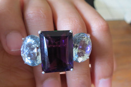 Huge Custom 42.5 carats Aquamarine Diamond &amp; amethyst 14k gold two finger ring - £7,122.25 GBP