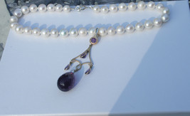Elegant Unique genuine 14k gold SS 28 carat Amethyst &amp; cultured pearl necklace - £1,560.21 GBP