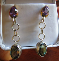 15.34 ct  Flawless bicolor blue Tanzanite &amp; Amethyst drop 14k gold earrings - £4,747.28 GBP