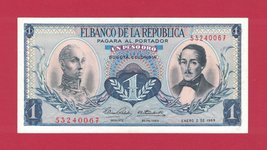 Colombia 1 Peso Oro 1969 Scarce Unc Banknote w/o Security Thread Depicting Simon - £6.72 GBP