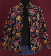 Vintage Black Velvet Quilted Rose Jacket with Gold Threads- Large Size - $39.99