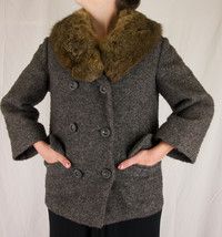 Vintage Black and Brown Wool Double Breasted Jacket with Wide Fur Collar - $139.99