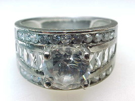 Vintage Round CUBIC ZIRCONIA with BAGUETTES BAND RING in Sterling Silver - £75.13 GBP