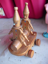 Vintage Wood Moving Clowns on Barrels Pull Toy 11 1/8&quot; Tall - £59.49 GBP