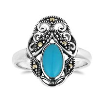 Vintage Royal Swirl Oval Turquoise Marcasite Sterling Silver Ring-8 - £13.84 GBP