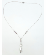 Vintage Sterling Silver Cat Pendant Necklace Pink Beaded Chain 19 in - $46.18 CAD