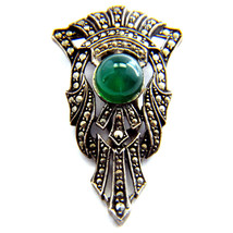 Art Deco Marcasite Green Chrysoprase Sterling Silver Pin Clip 1920 S Chic - £91.71 GBP