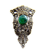ART DECO MARCASITE GREEN CHRYSOPRASE STERLING SILVER PIN CLIP 1920S CHIC - £91.92 GBP