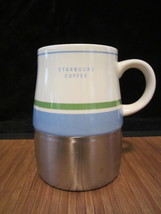 2005 Starbucks Urban Coffee Travel Mug Blue &amp; Green Stripe Ceramic Stainless  - £16.07 GBP