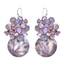 Purple Sparkle Colored Round Seashell and Crystal Bead Dangle Earrings - £18.19 GBP