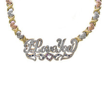 Diamond, Ruby &amp; Sapphire &#39;I Love You&#39; Nameplate XOXO Necklace 14K Tri-Tone Gold - £1,019.12 GBP