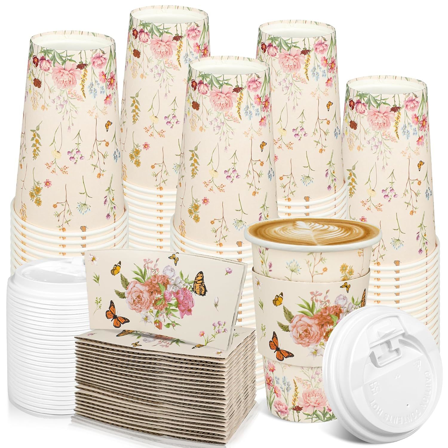 48 Pcs Floral Disposable Coffee Cups With Lids 16Oz Wildflower Paper Drinking Cu