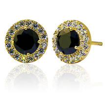 3.39 Ct Halo Stud Round Black Sapphire Earrings 14 K Yg Covered Sterling Silver - £32.46 GBP