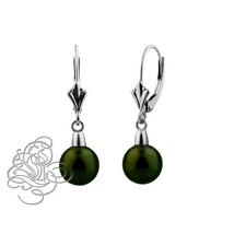 14k White Gold 9mm Dark Green Crystal Ball Drop Lever back Earrings - $92.94