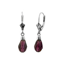 14k White Gold 9x6mm Purple Red Crystal Pear Drop Leverback Earrings NEW - £71.12 GBP