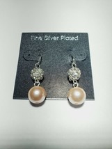Fine Silver Plated Earrings French W Dangle Rhinestone Disco Ball W Pink Pearl - £14.03 GBP