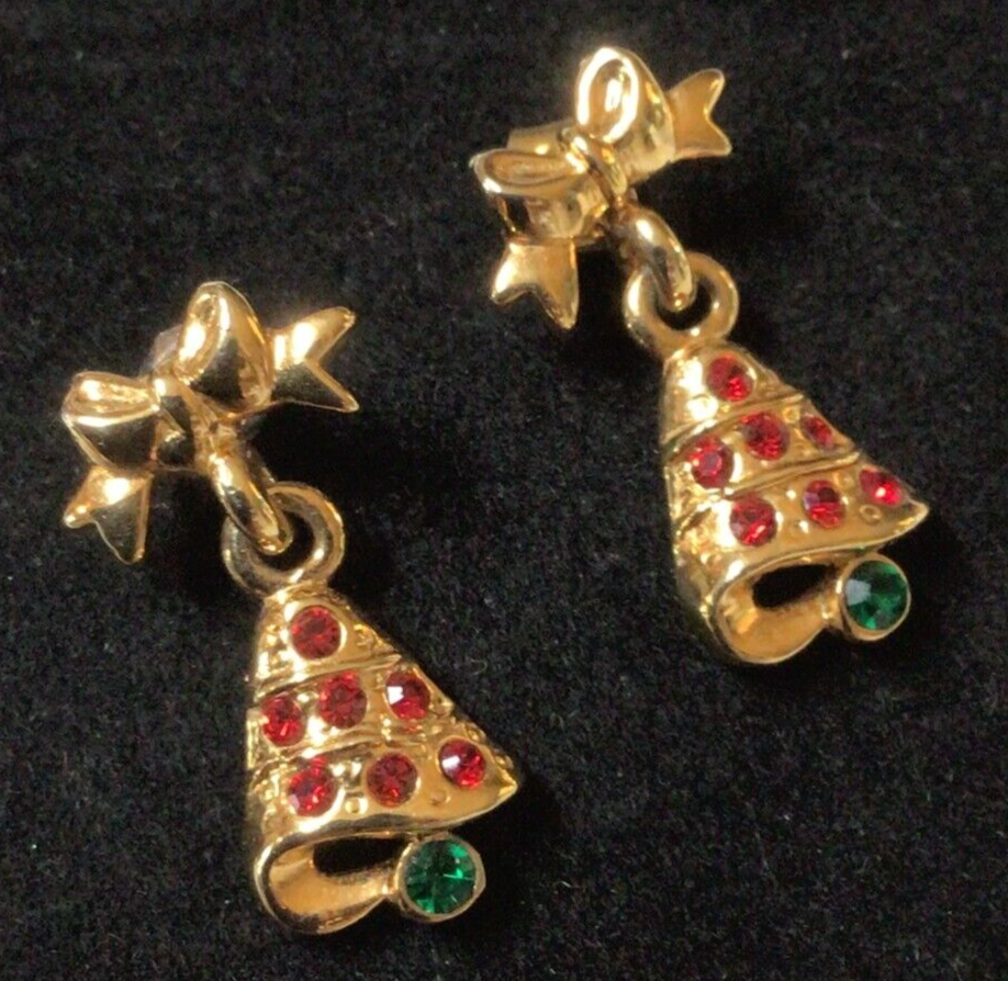 Primary image for Vintage Christmas Earrings Holiday Pair Tree Gold Tone Red Green Bow 917A